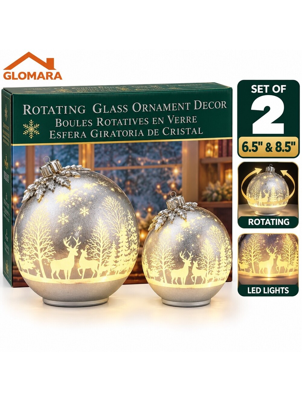 Rotating Glass Ornament Set 6.5" 8.5" LED Lighted Christmas Decor 2-Piece NEW